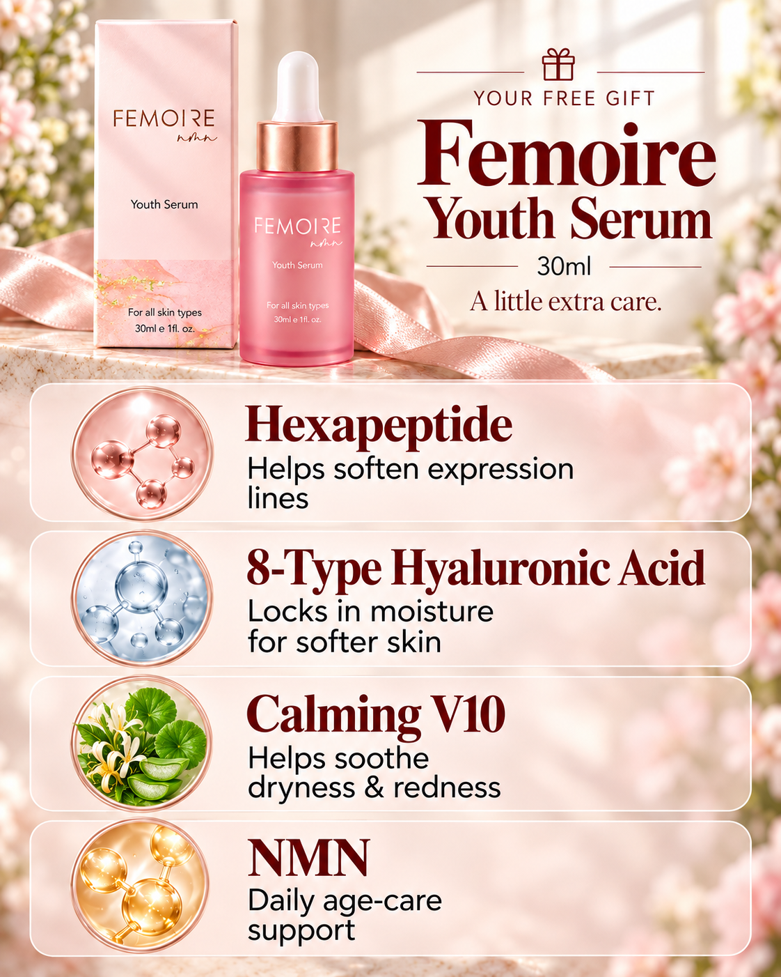 Free gift: Femoire Youth Serum 30ml. Hexapeptide helps soften expression lines. 8 types of hyaluronic acid for hydration. Calming V10 herbal care to soothe skin. NMN: daily age-care support.