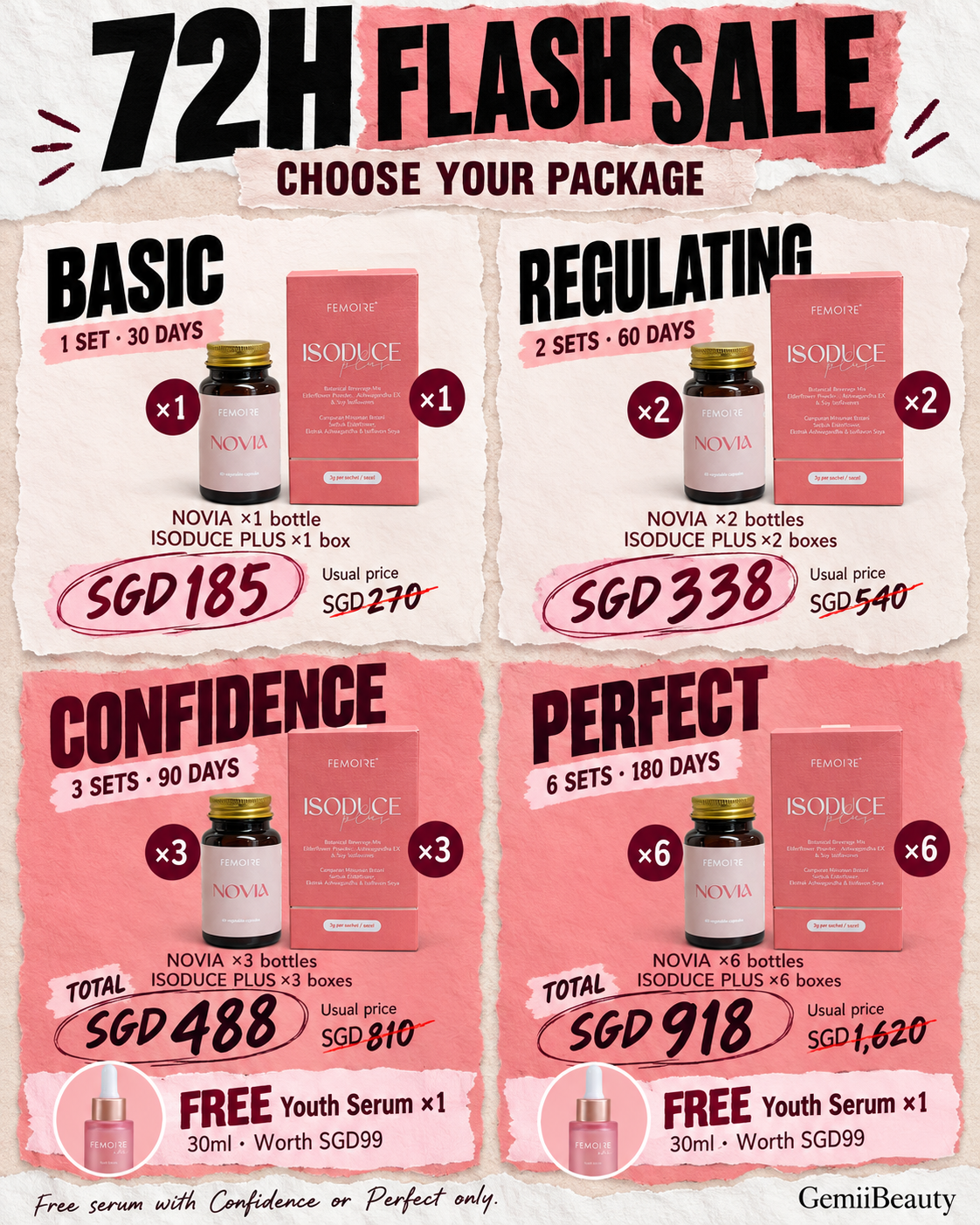 72H Flash Sale: four package prices. Free Youth Serum worth SGD99 with Confidence or Perfect.