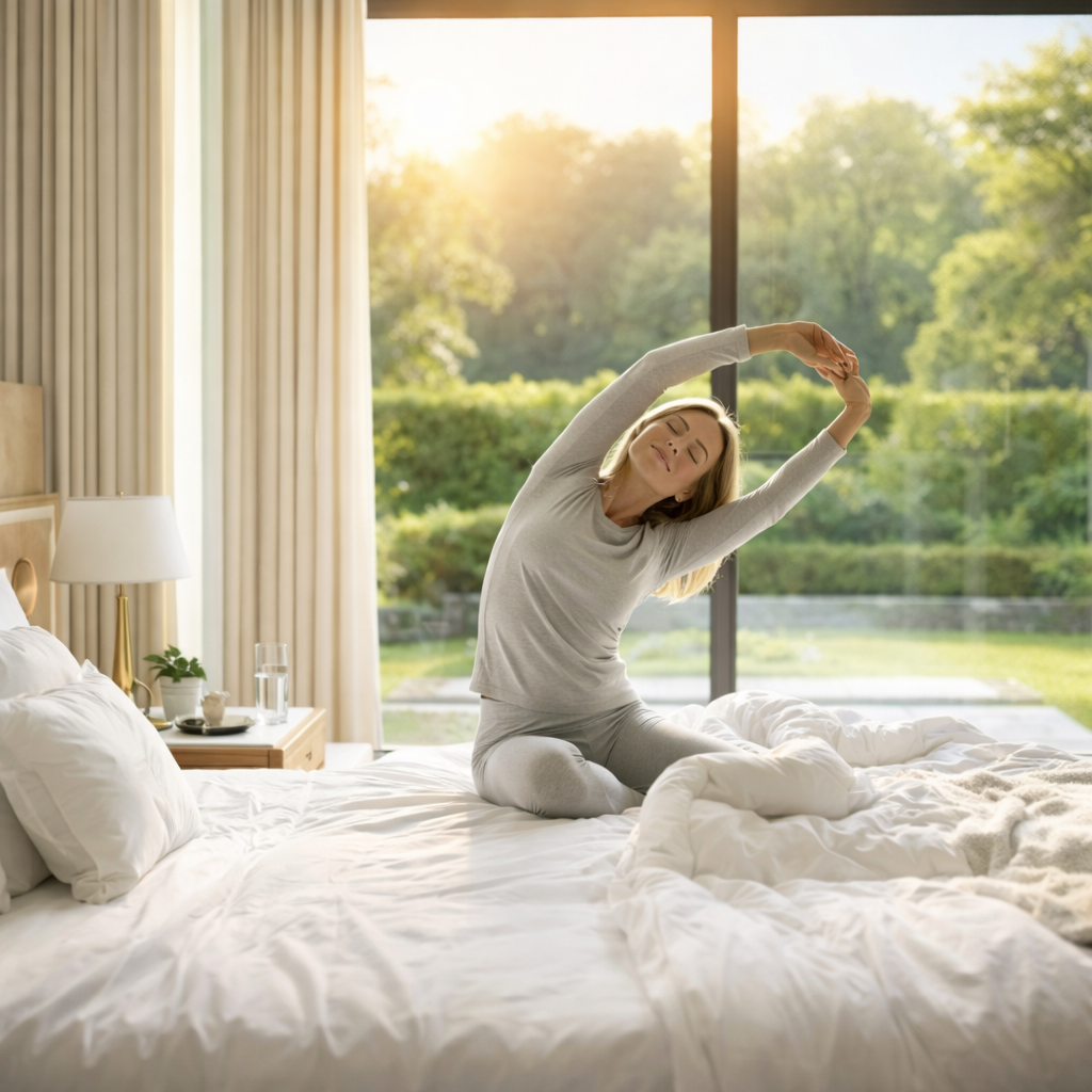 Woman stretching happily on bed