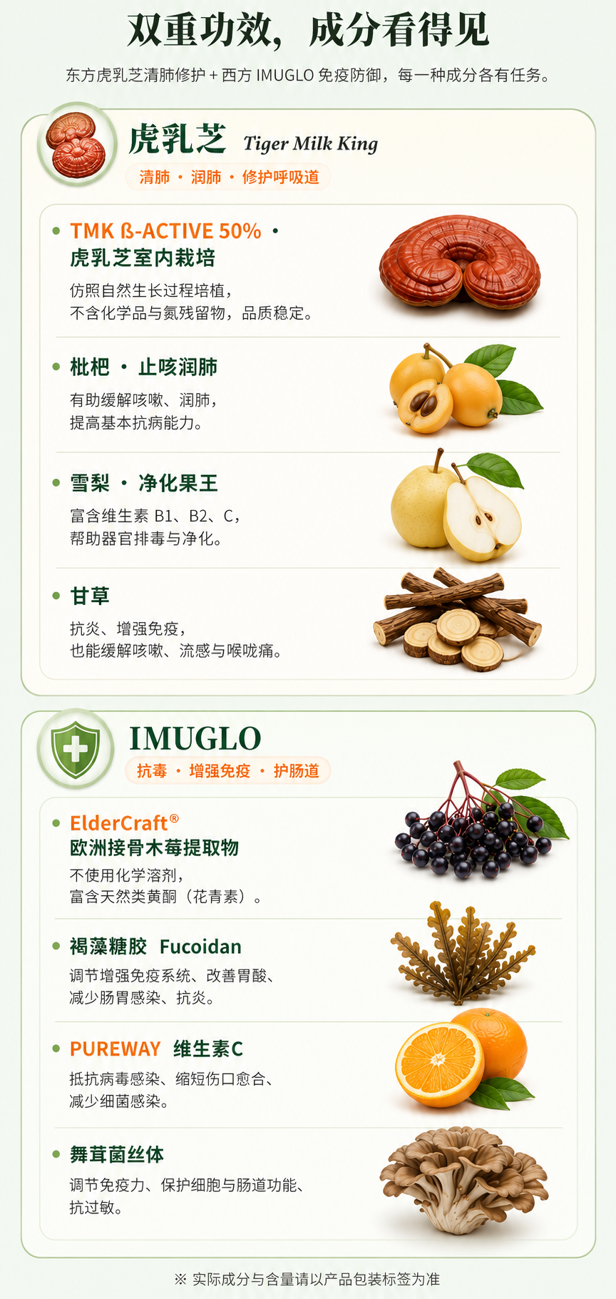 虎乳芝 + IMUGLO 成分与功效一览：TMK ß-ACTIVE 50%、枇杷、雪梨、甘草、ElderCraft 接骨木莓、褐藻糖胶、PUREWAY 维生素C、舞茸菌丝体