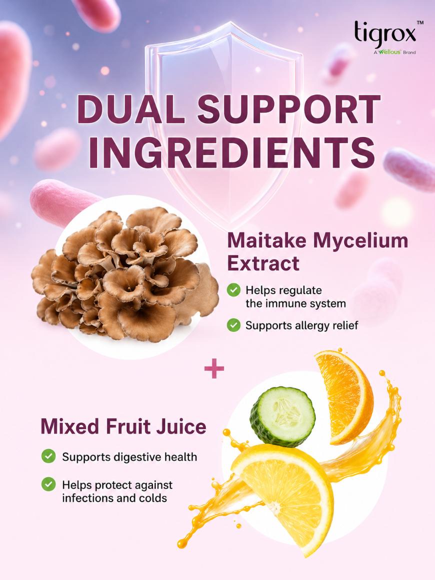 Dual support ingredients — Maitake Mycelium and Mixed Fruit Juice