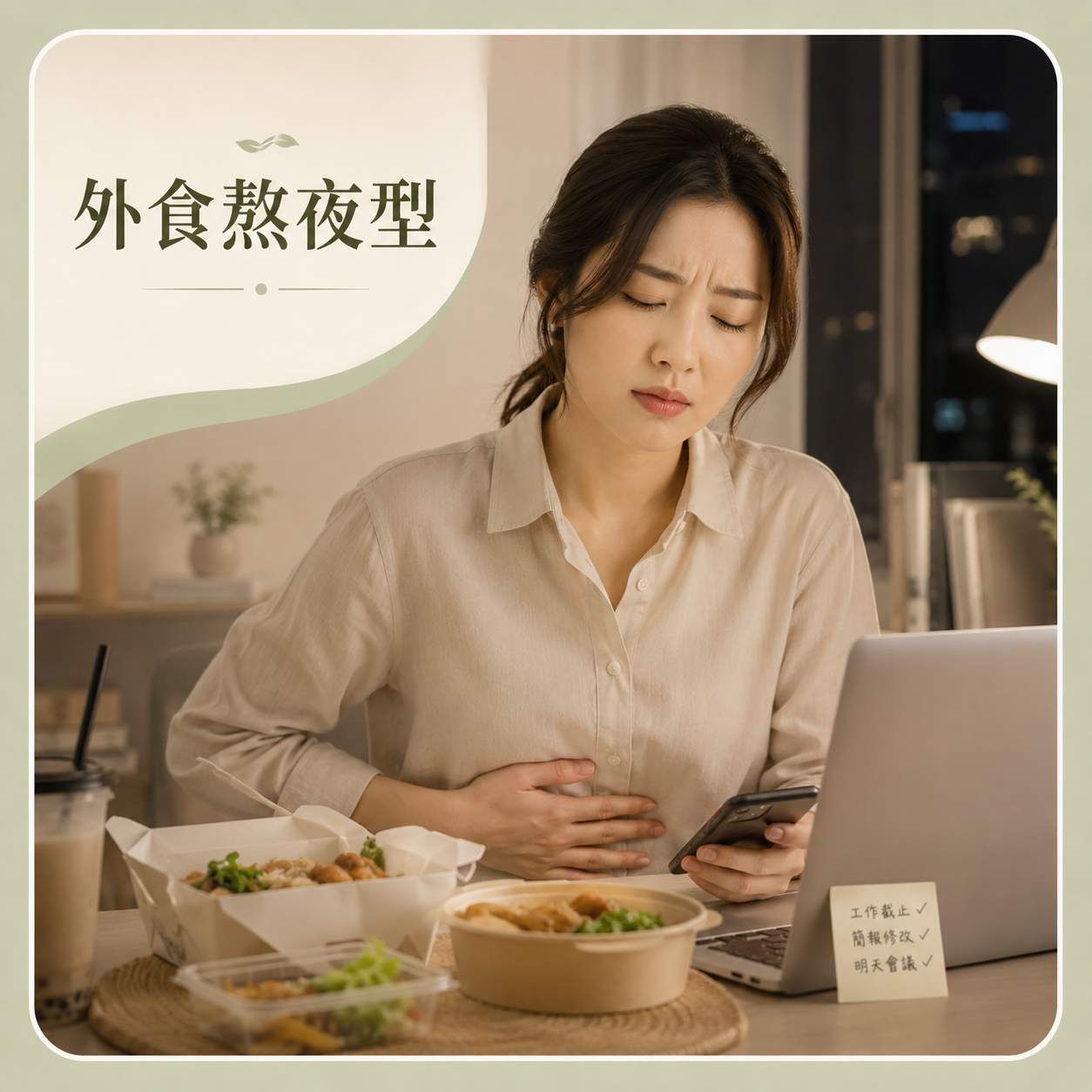 外食熬夜后的肠胃生活场景
