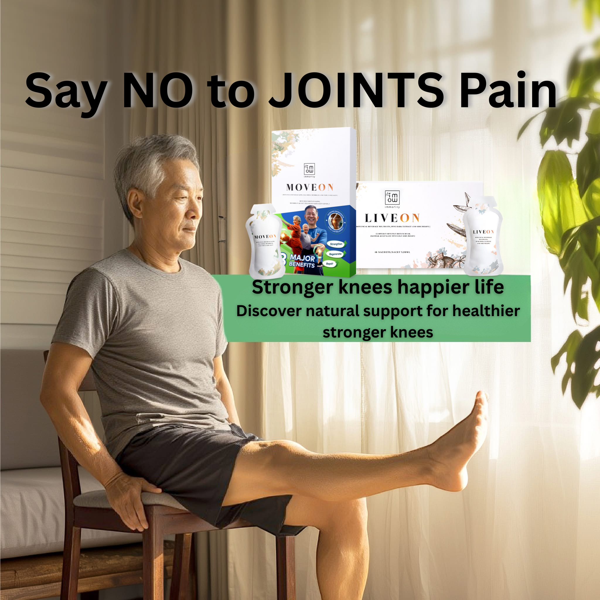 An older man sitting on a wooden chair in a home setting, with product boxes and supplement bottles for MOVEON and LIVEON displayed alongside text promoting joint pain relief.
