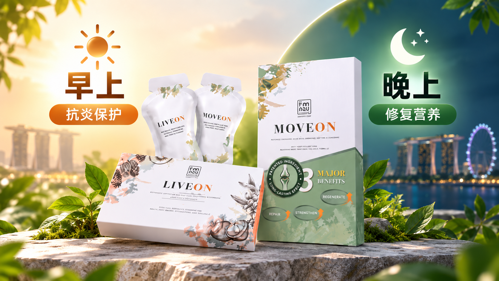 早上 LIVEON 抗炎保护，晚上 MOVEON 修复营养的黄金搭配