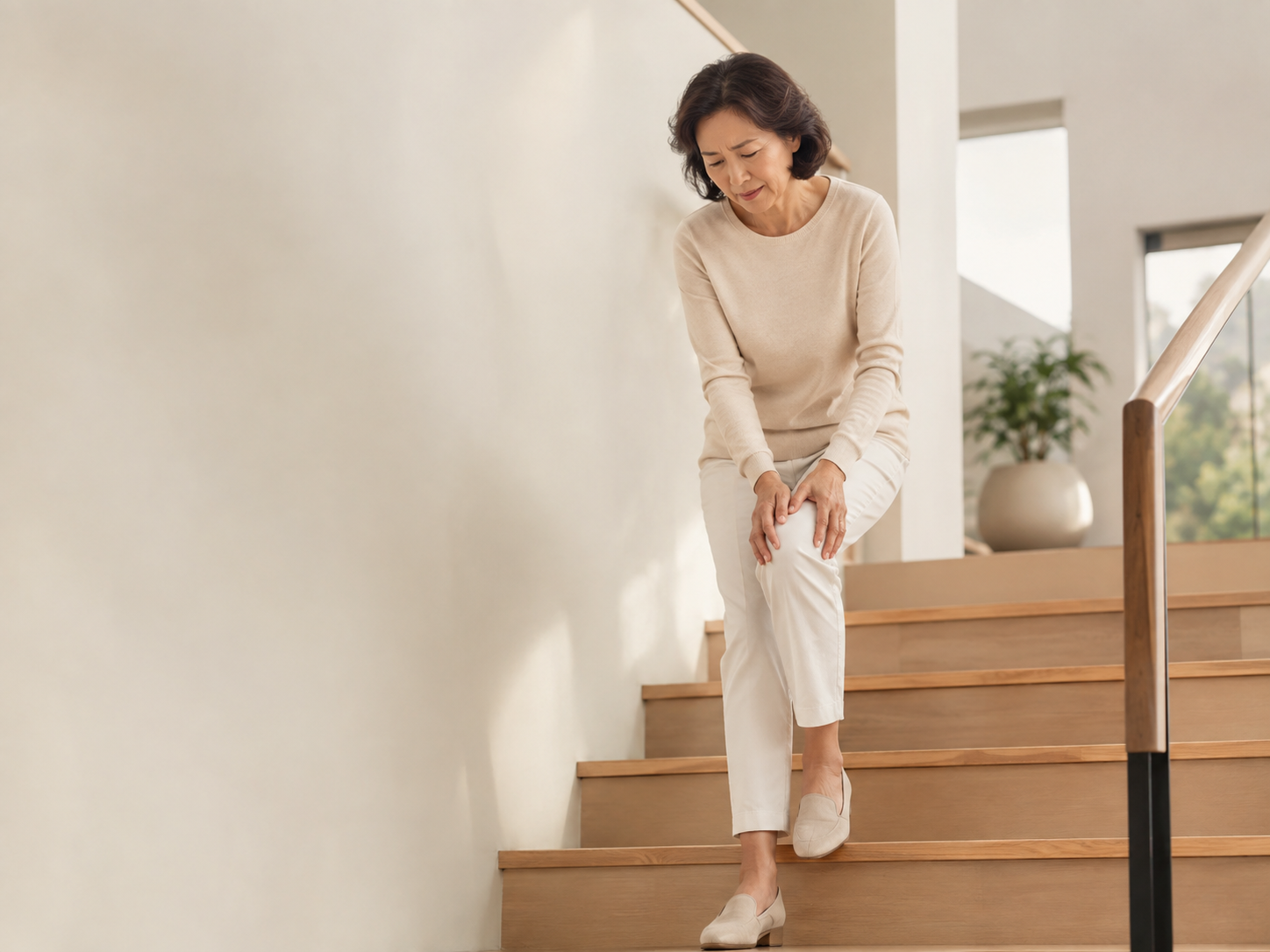 Asian senior woman holding her knee near a staircase