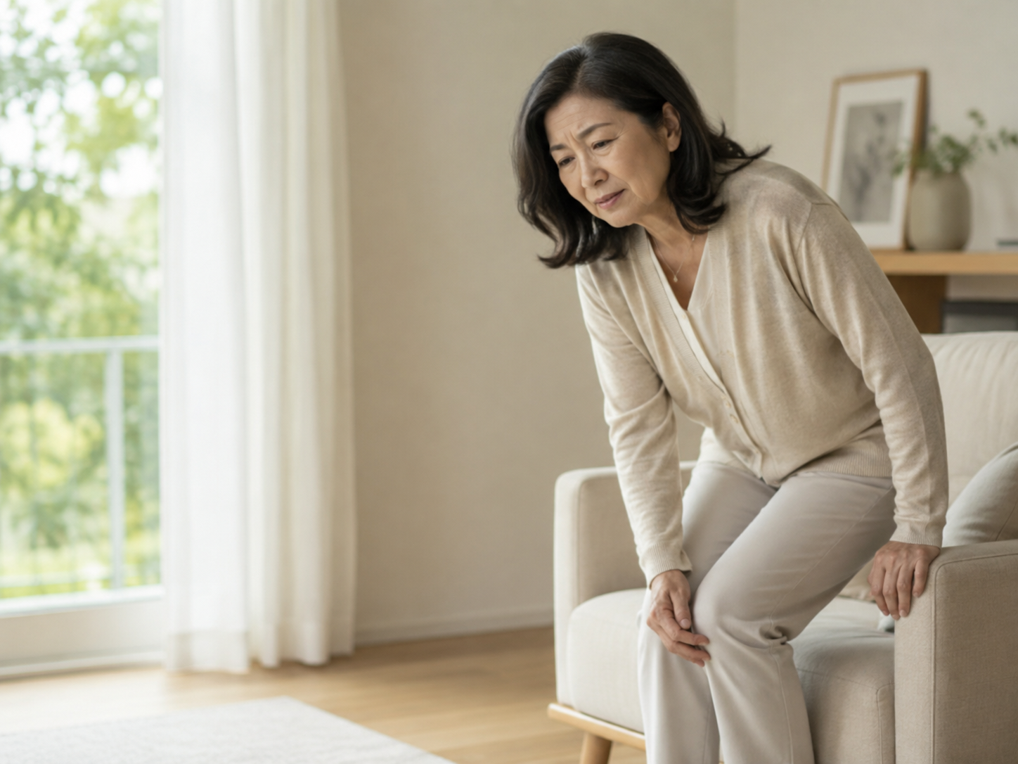 Asian senior woman experiencing knee stiffness while standing up