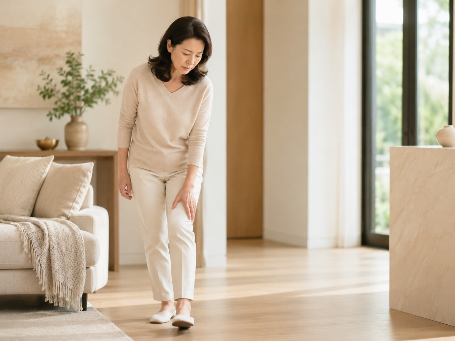 Asian senior adult walking carefully because of joint discomfort