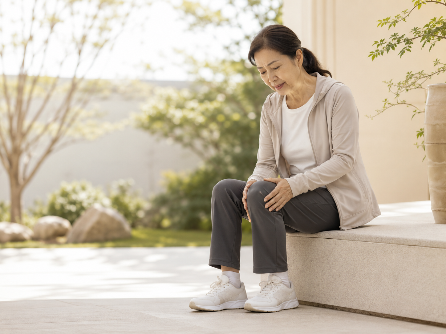 Asian senior woman holding her knee after light activity