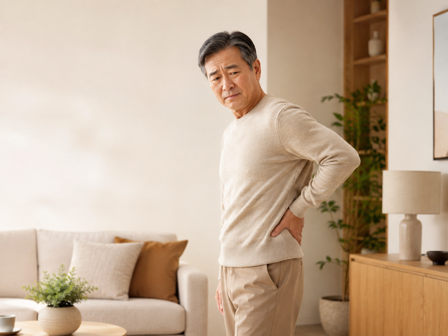 Asian middle-aged man experiencing lower back discomfort