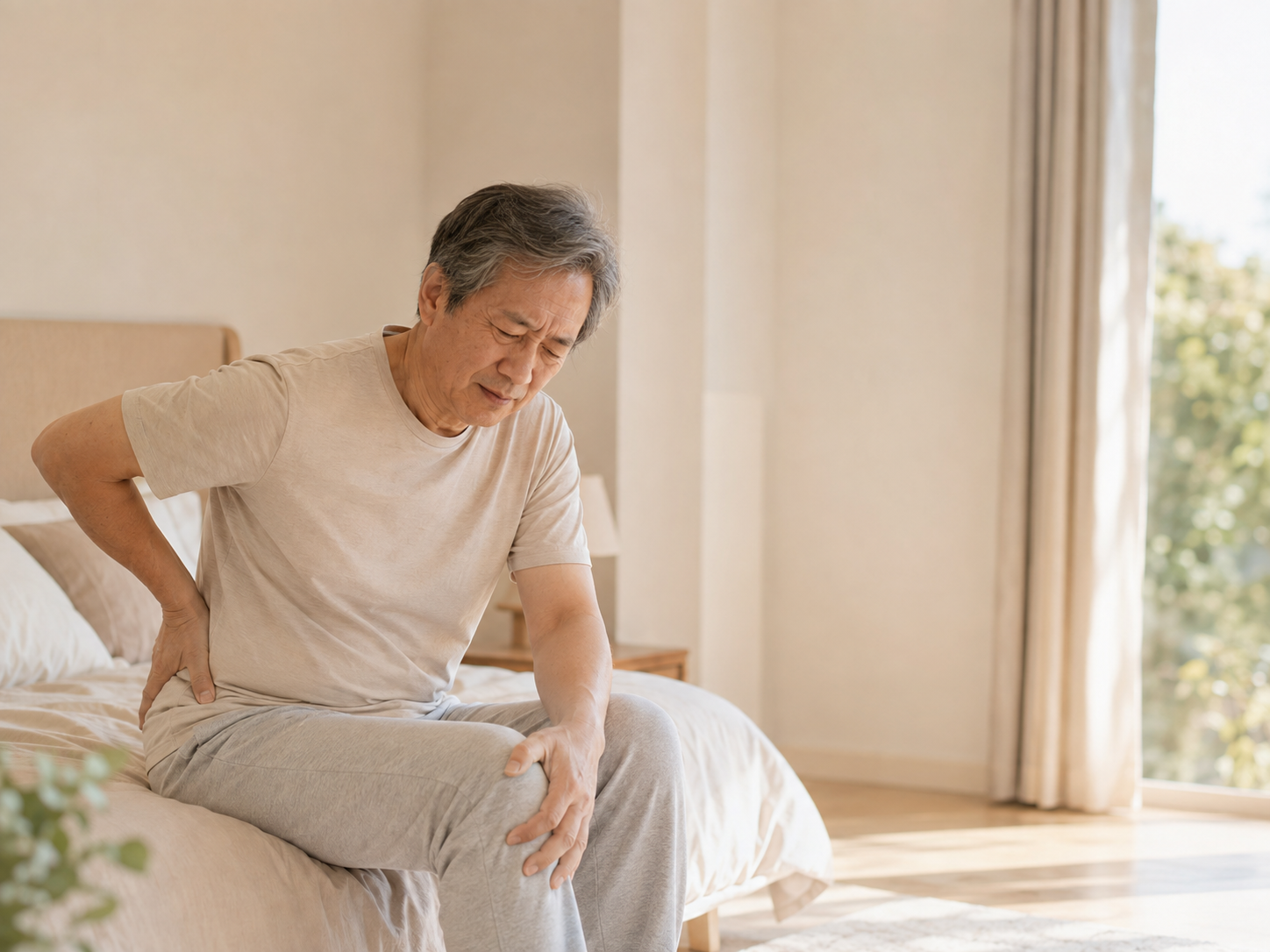 Asian senior man experiencing morning joint stiffness