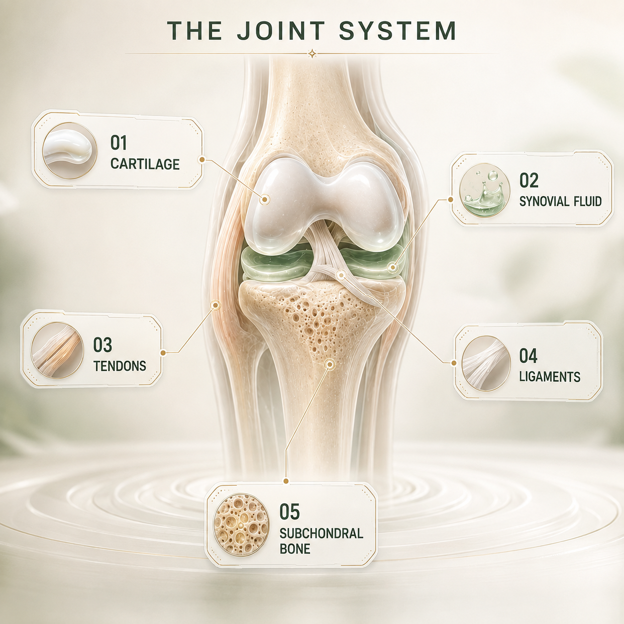 Knee joint illustration showing five major joint components