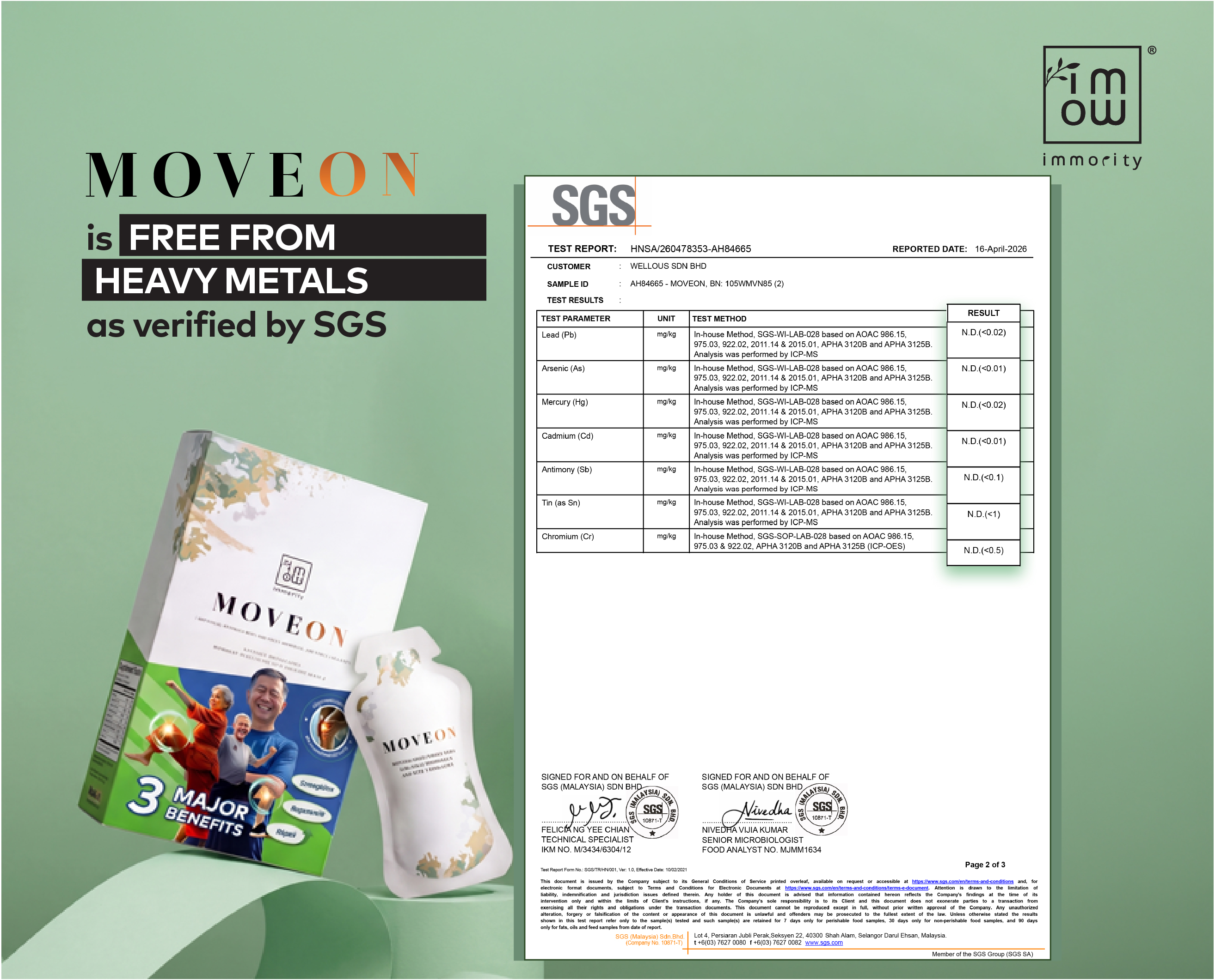 SGS heavy metal analysis report for a MoveOn sample
