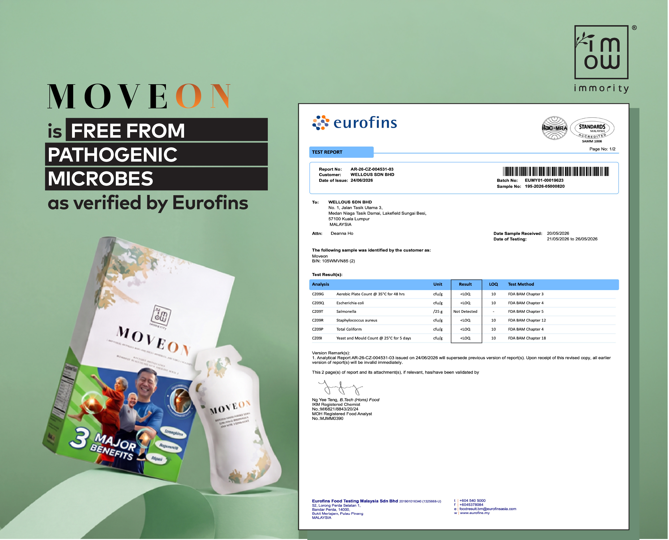 Eurofins pathogenic microorganism test report for a MoveOn sample