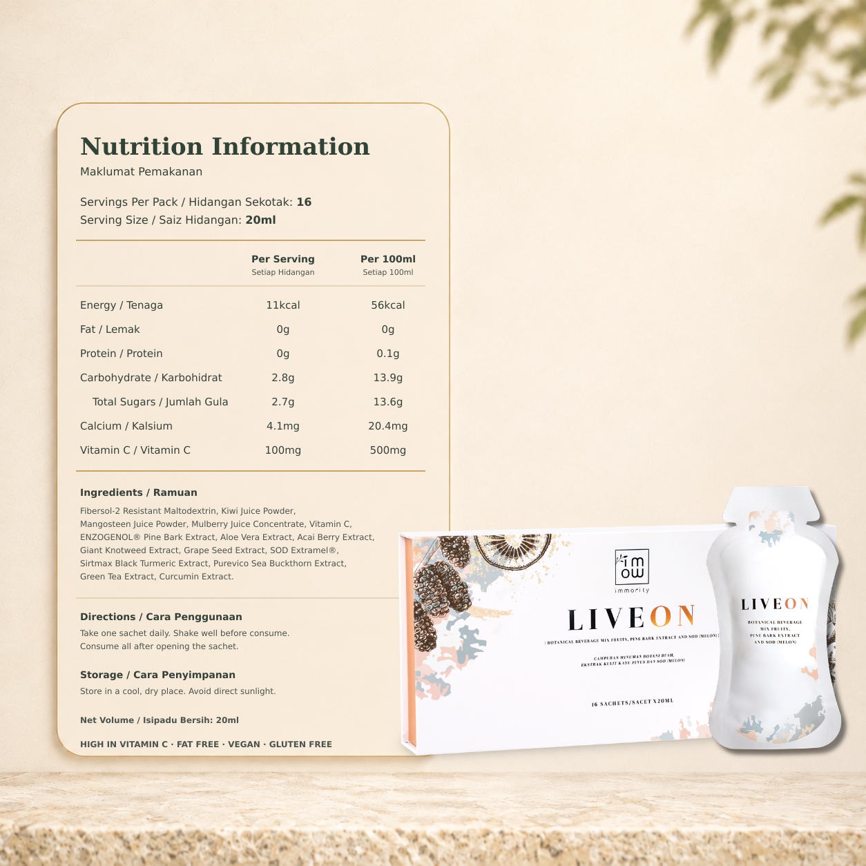 LiveOn nutrition information, ingredients and directions panel
